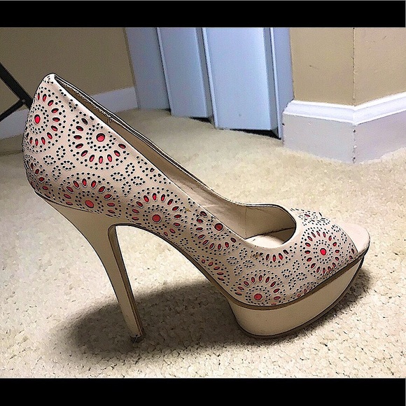 🔥ELLE EUC WORN ONCE TAN&CORAL PEEP TOE STILETTOS SUPER SEXY&STYLISH&CHIC!!! - Picture 8 of 13